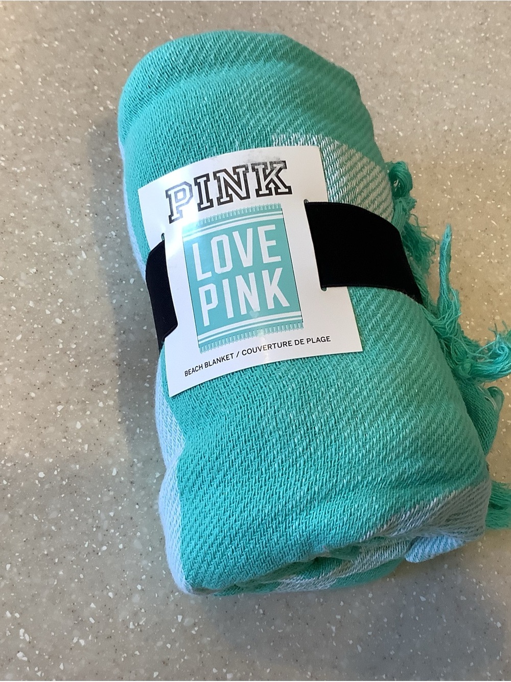 PINK Victoria's Secret Turquoise Green and White Beach Blanket Picnic Outdoors